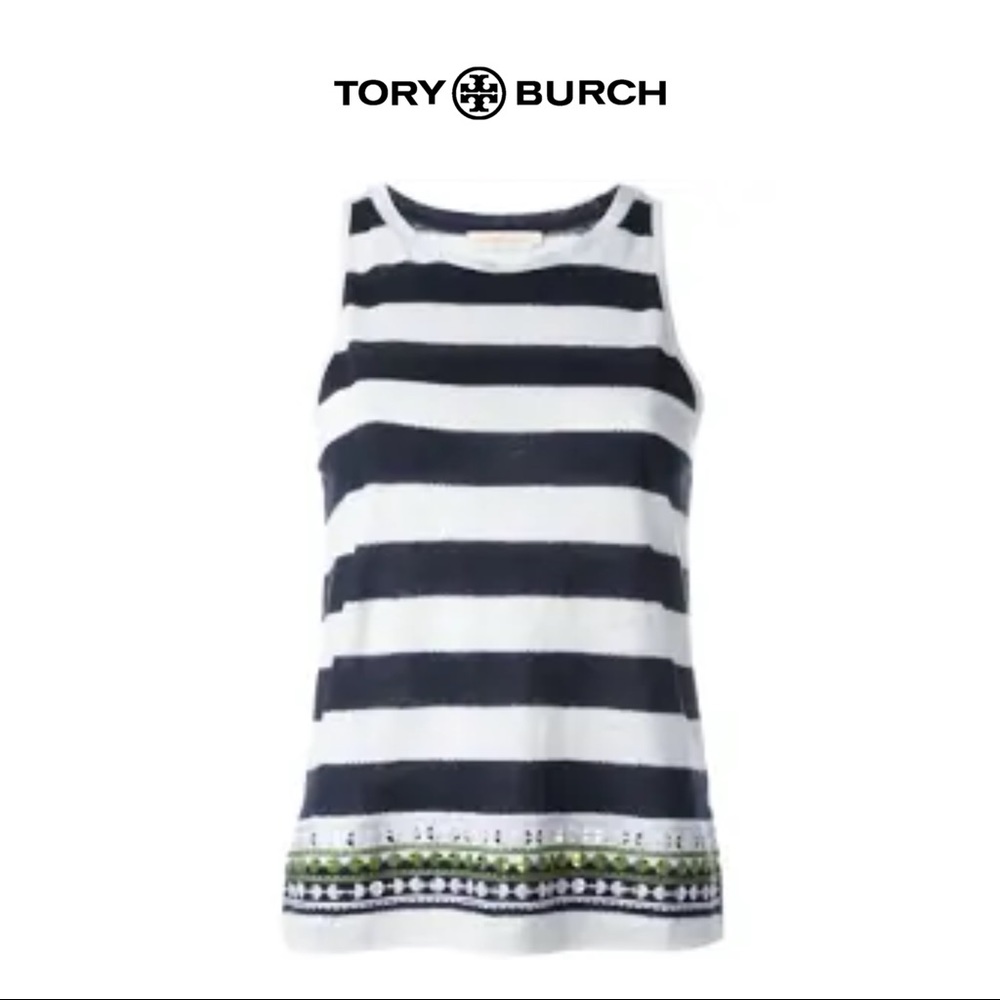 Tory Burch Striped Linen Embroidered Tank Top